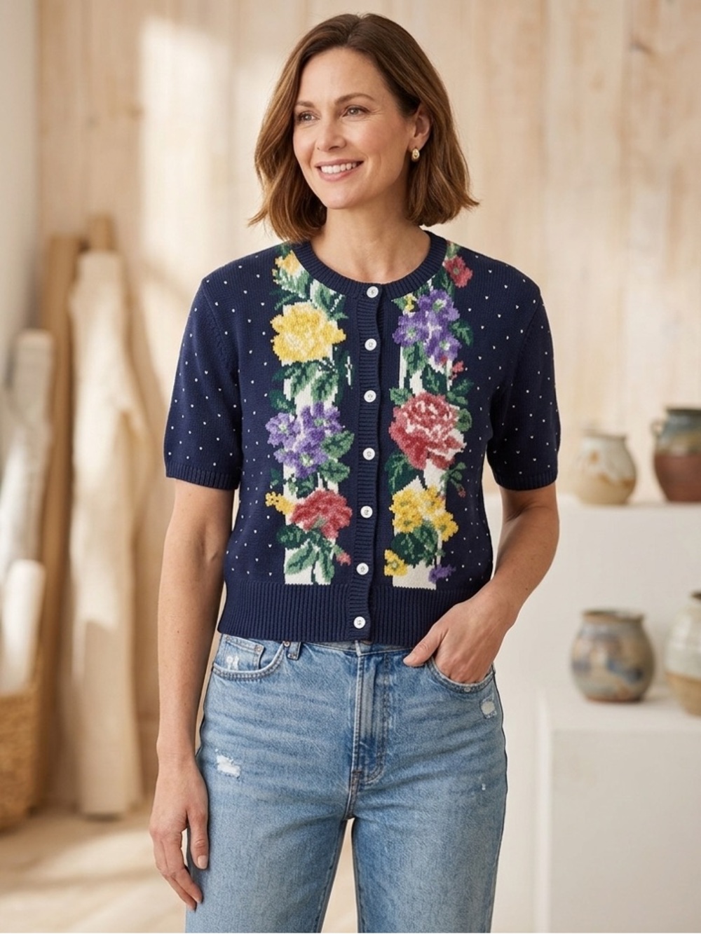 JH Collectibles Navy Floral Bohemian Short-Sleeve Button Cardigan Sweater Size M